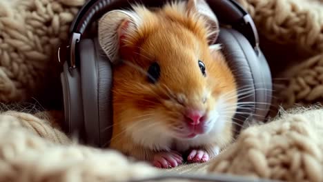 un hámster con auriculares en la parte superior de una manta