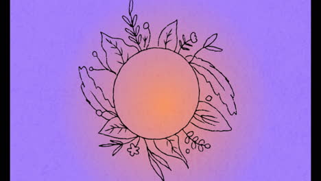 animation of circle with leaves over light spot on purple background, copy space