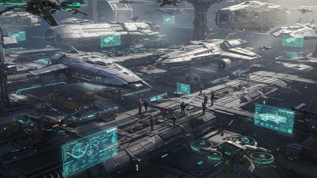 Breathtaking Futuristic Space Dock with Advanced Starships: A Showcase of Cosmic Engineering and Vibrant Technology in the Heart of an Intergalactic Shipyard