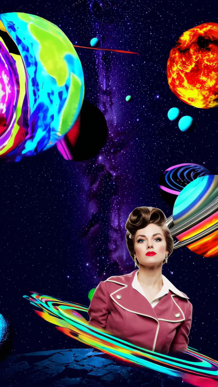 Donna retrò in un paesaggio cosmico psichedelico