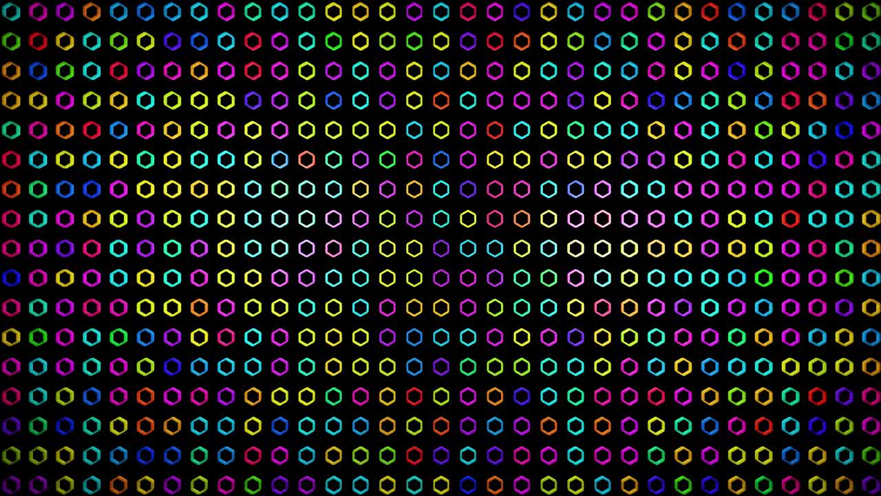 abstract festive background with rows of toruses or rings on plane flashing neon multicolored light randomly. Black rings rotating in the air. Loop beautiful bg in 4k. Smooth wiggling animation