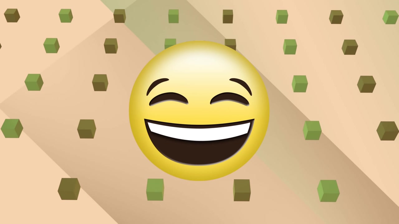 Animazione di icona emoji sorridente su cubi e sfondo a pattern.