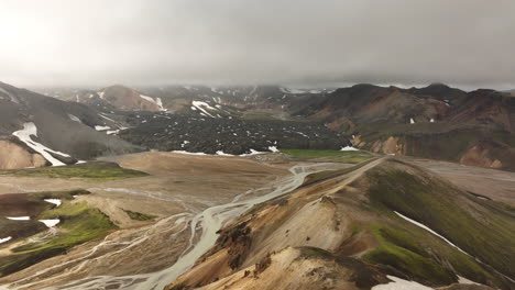 Große-Luftaufnahme-Der-Berge-Des-Landmannalaugar-Parks-Und-Des-Flusses-Island