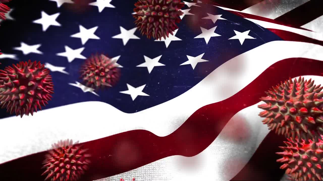 Animation of macro coronavirus Covid-19 cells spreading over a moving USA flag