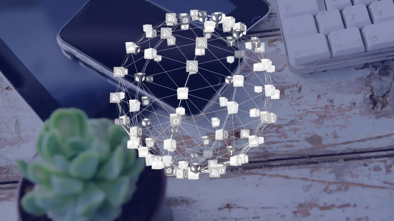 사무실 책상 에 대항 한 디지털 아이콘 의 세계