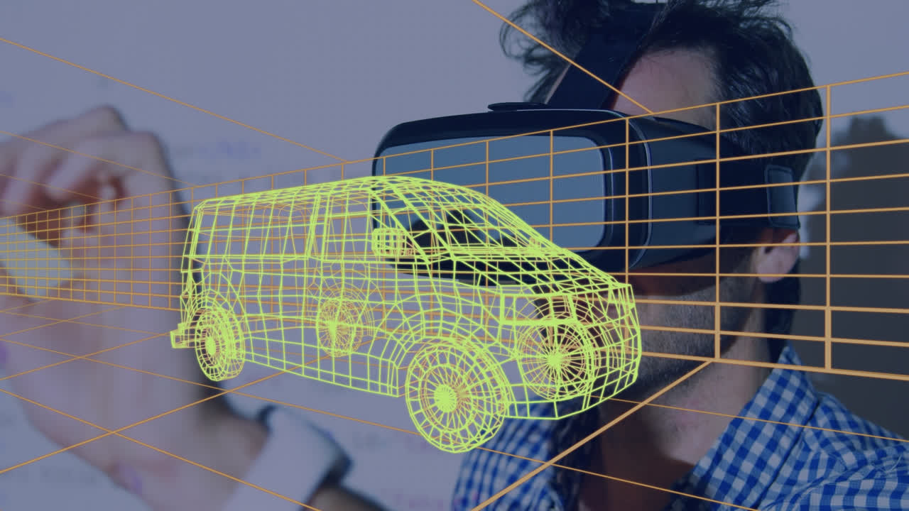 animación de dibujo 3d digital de un coche sobre un hombre usando auriculares vr