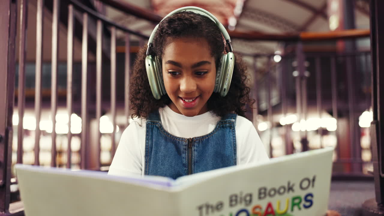 Girl reading with headphones