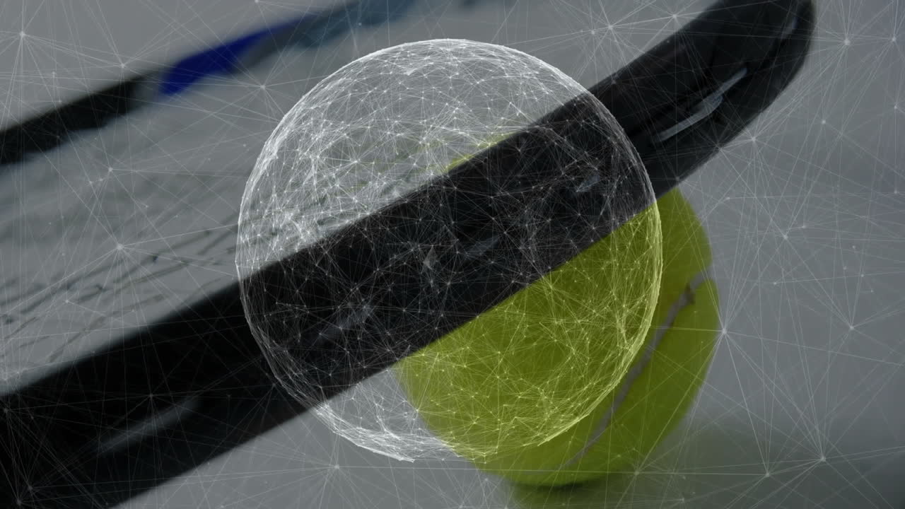 Black tennis racket leaning diagonally against yellow tennis ball, digital mesh overlay animating
