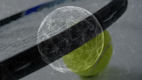 black tennis racket leaning diagonally against yellow tennis ball, digital mesh overlay animating