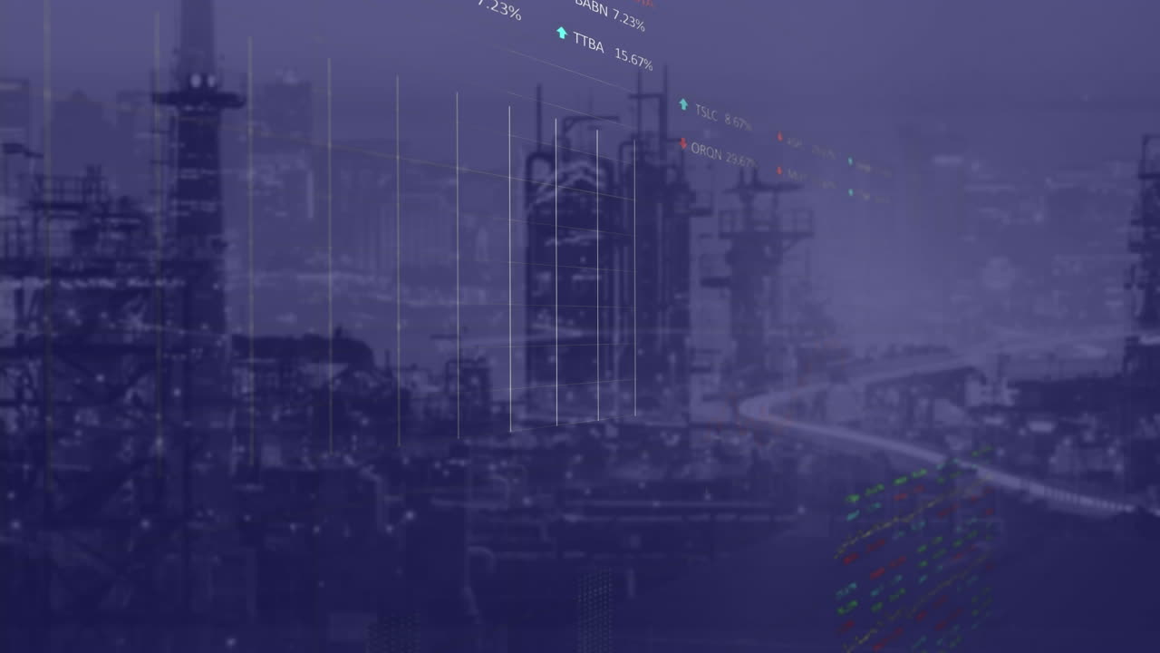 animación del procesamiento de datos del mercado de valores frente a una vista aérea del paisaje urbano