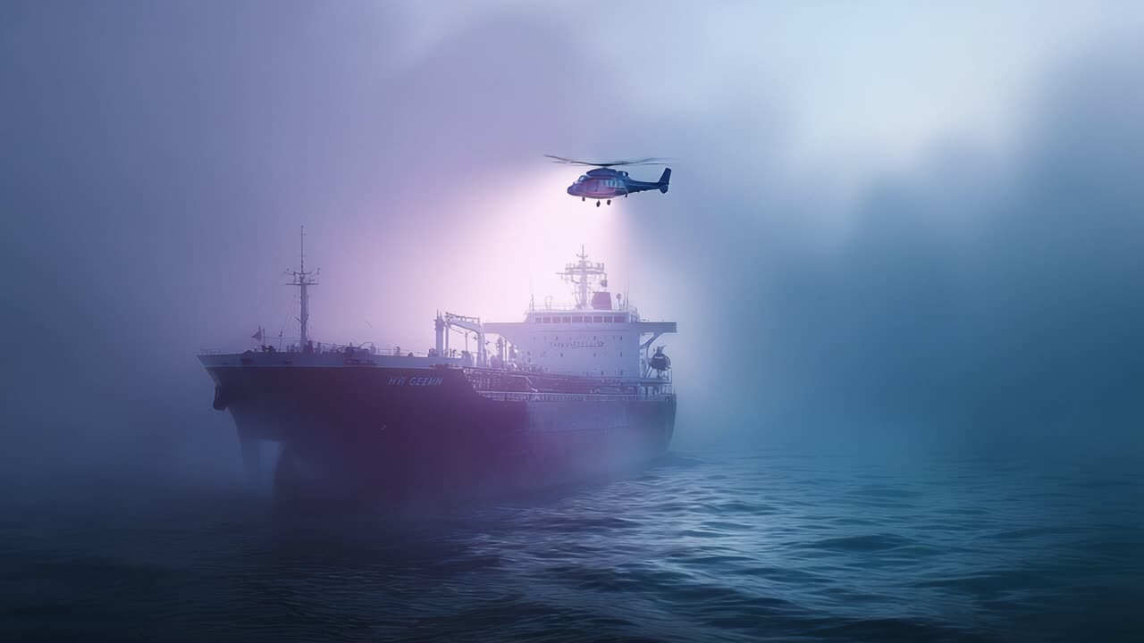 Helicopter flies near large cargo ship in dense fog. Mist obscures surroundings, creating eerie atmosphere. Ship moves slowly through calm, dark waters. Helicopter's lights pierce fog