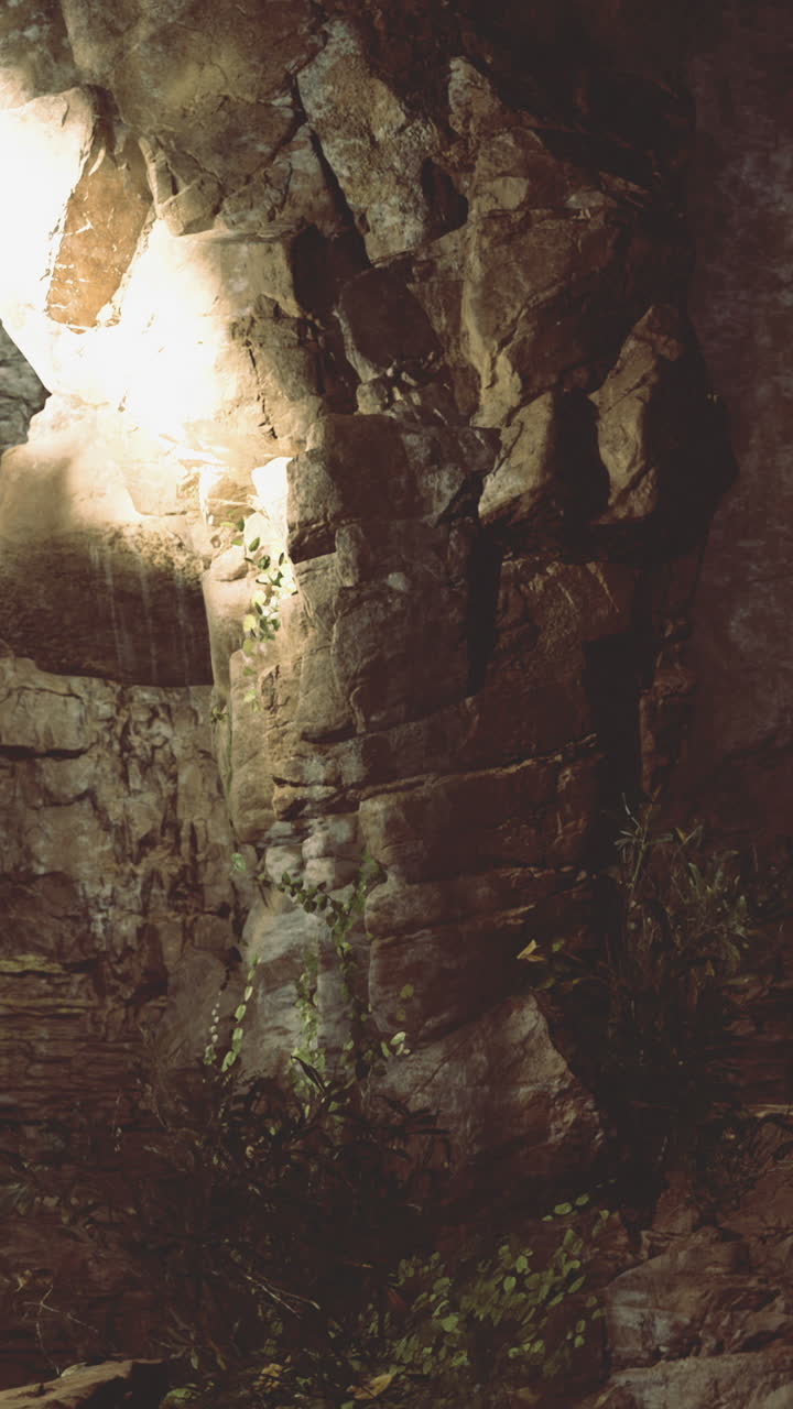Esplorare una grotta rocciosa con illuminazione misteriosa in ambienti fiocamente illuminati