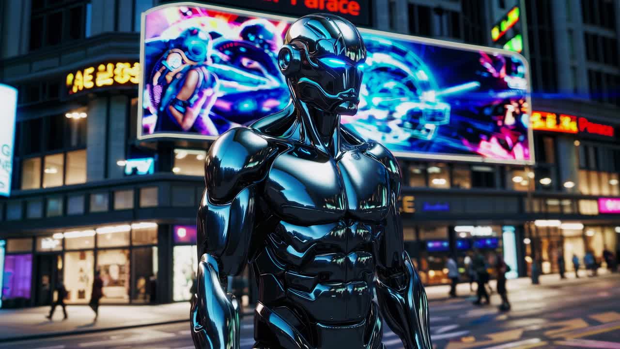 Futuristic cityscape video featuring a sleek robot walking through neon-lit streets