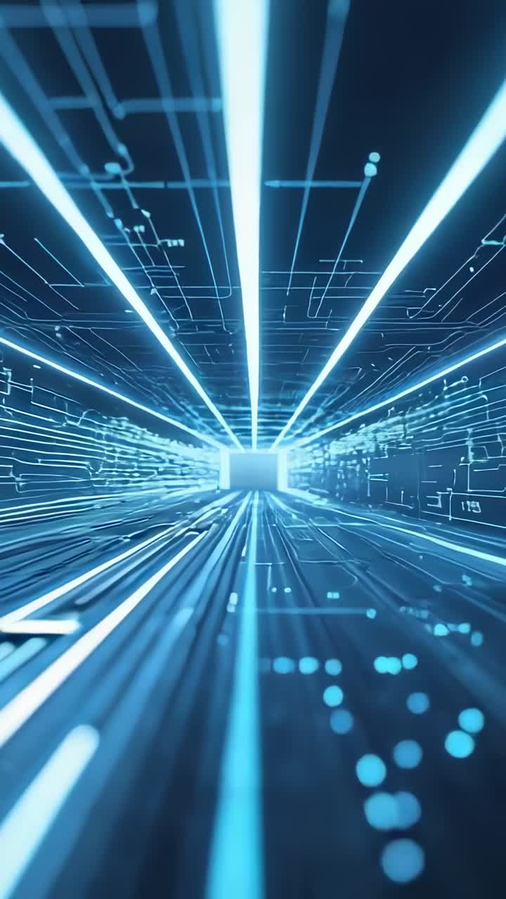 Video verticale: telecamera che sfreccia attraverso un tunnel di dati, circuiti e fasci di neon che saettano verso il portale