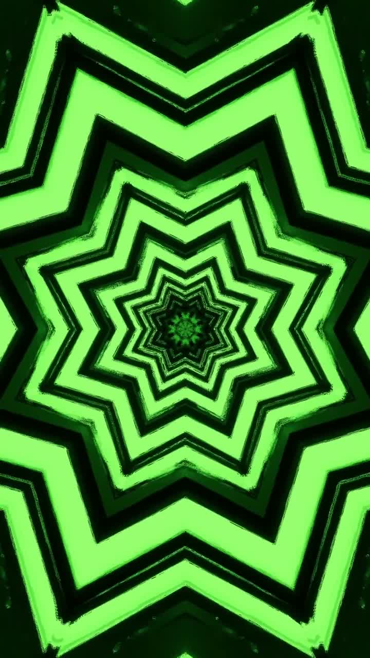 Questo loop presenta un design a tunnel al neon con una forma a stella. I colori vibranti creano un effetto di movimento dinamico adatto per screensaver o display visivi.