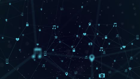 animation of blue network connections with multimedia icons on black background