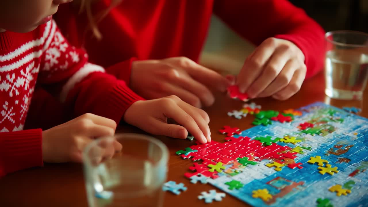 Engaging Quality Time: A Child and Adult Collaborating on a Colorful Puzzle, Showcasing Hand Movements and Focus as Pieces Come Together in a Cozy Atmosphere