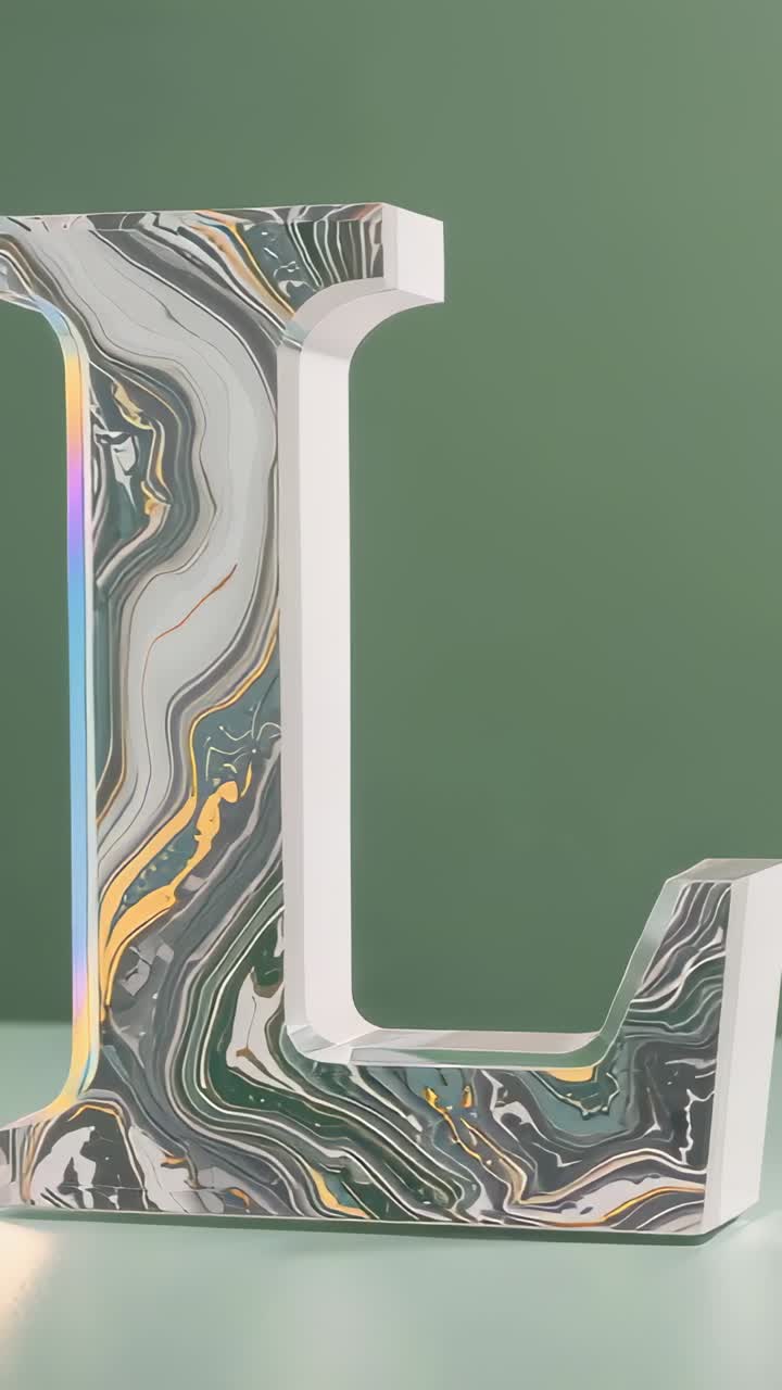 Vertical video: Rotating marbled letter L catching sweeping light on glossy tabletop by green wall