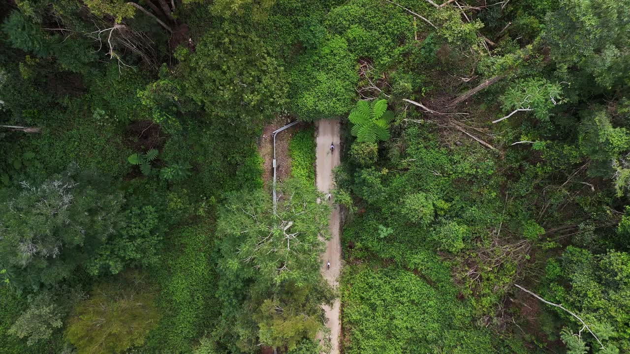 People riding electric bicycles emerge from the side of a mountain range through an old train tunnel along a rail trail. Aerial view