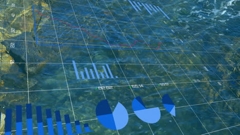 animación del procesamiento de datos financieros sobre el paisaje marítimo.
