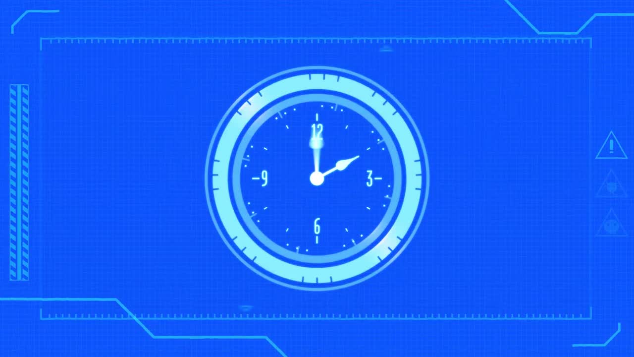 Animation of digital interface and moving clock on blue background