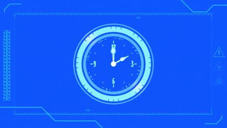 animation of digital interface and moving clock on blue background