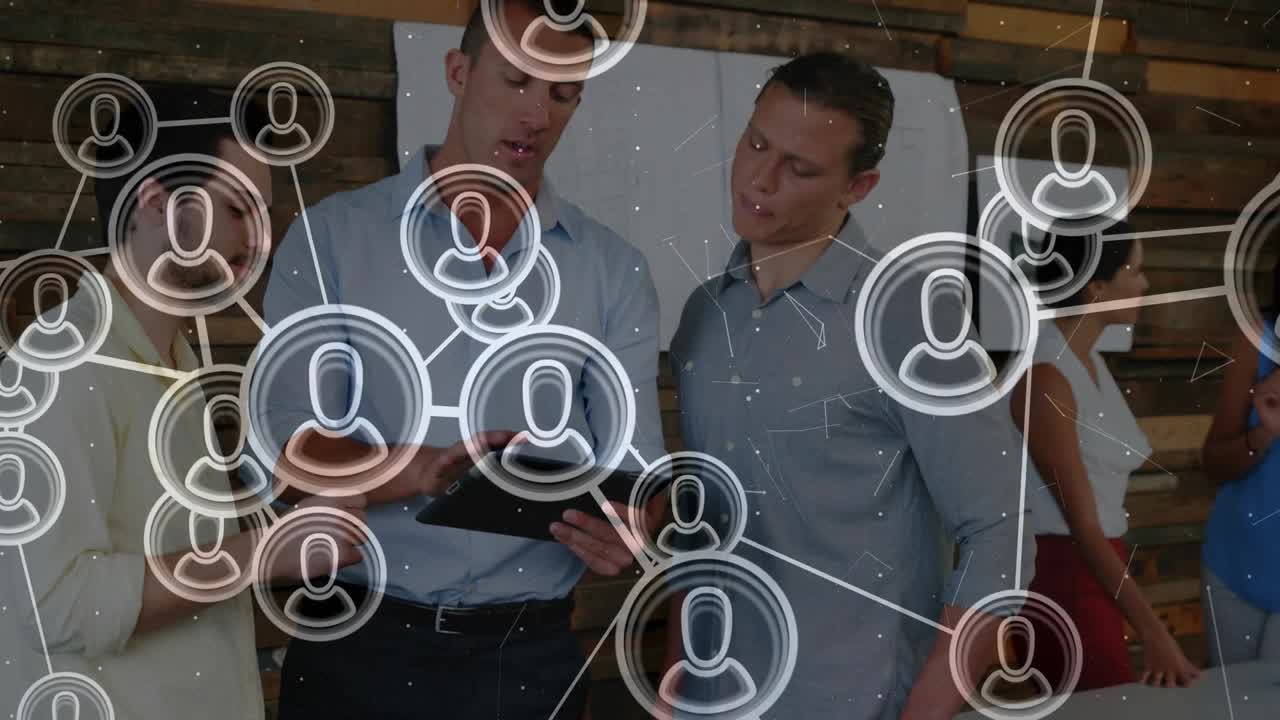 Three men showing tablet, pointing and talking, causing animated network over group for business