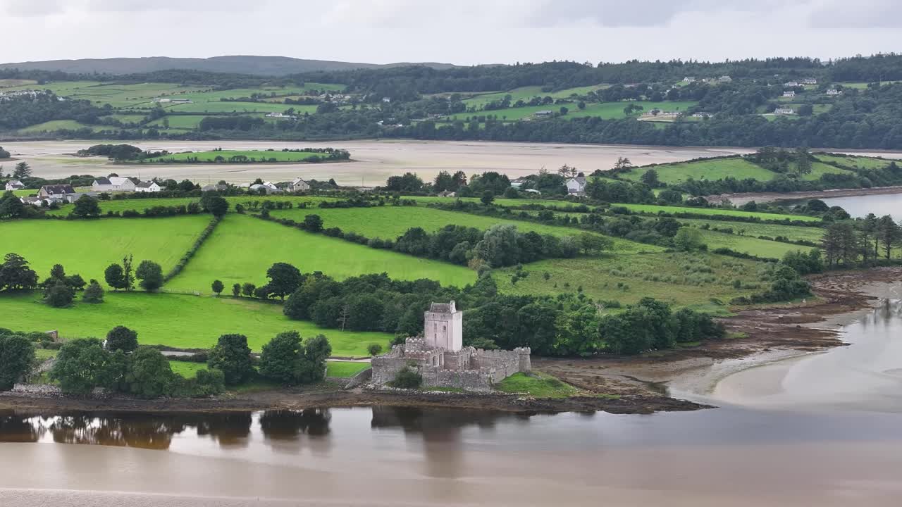 Doe Castle ruins on coastal shore, Donegal, Ireland. Aerial view of ancient heritage site