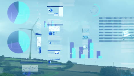 animation of financial data processing over wind turbine on field
