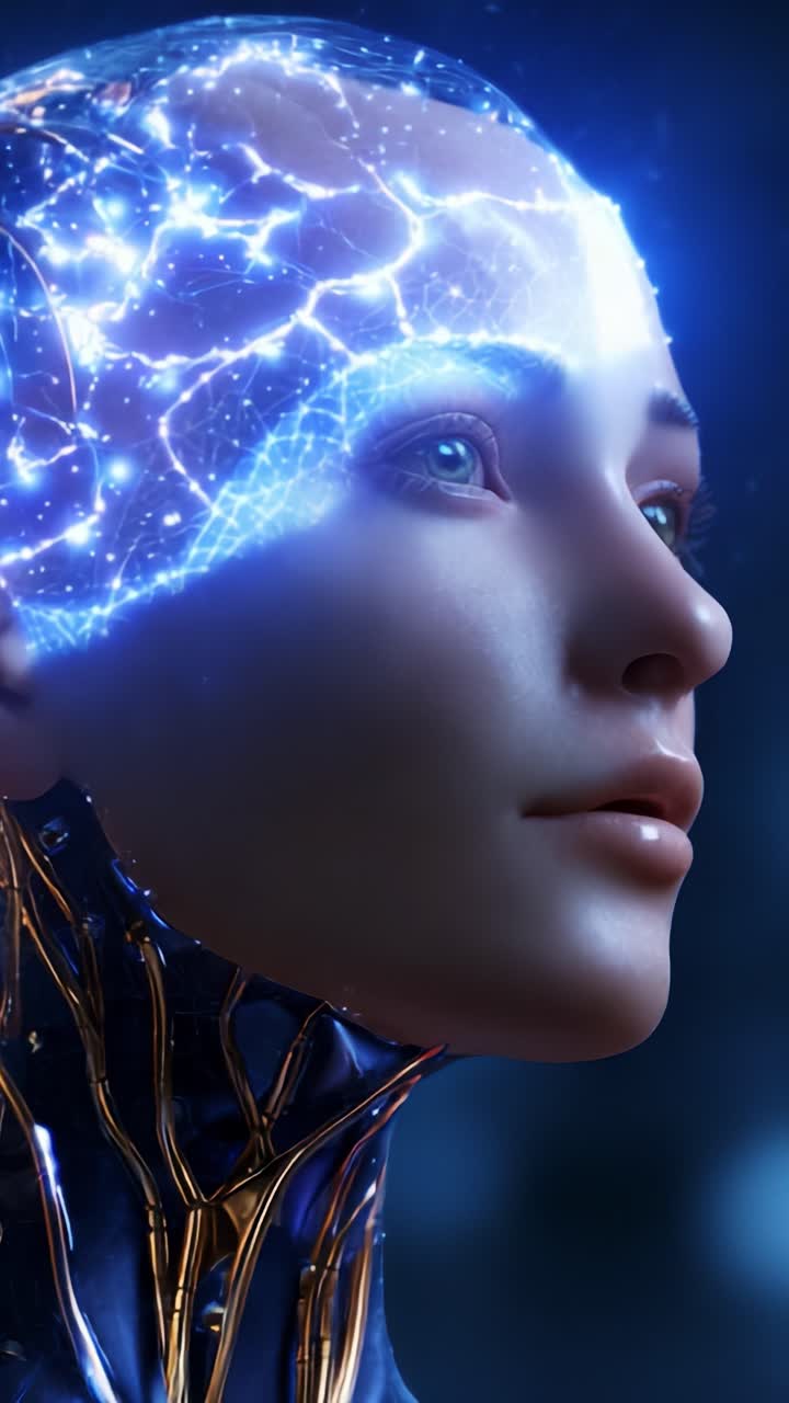 Una figura umanoide futuristica che mostra intricate connessioni neurali illuminate da pattern elettrici luminosi, che rappresentano la fusione tra tecnologia e tratti umanoidi