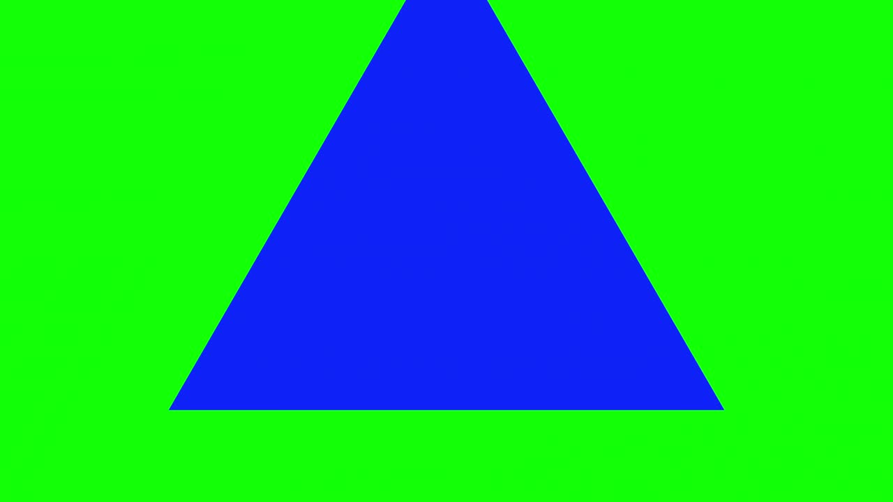 초록색 배경과 여러 개의 움직이는 삼각형, 반복적으로 확대 및 축소