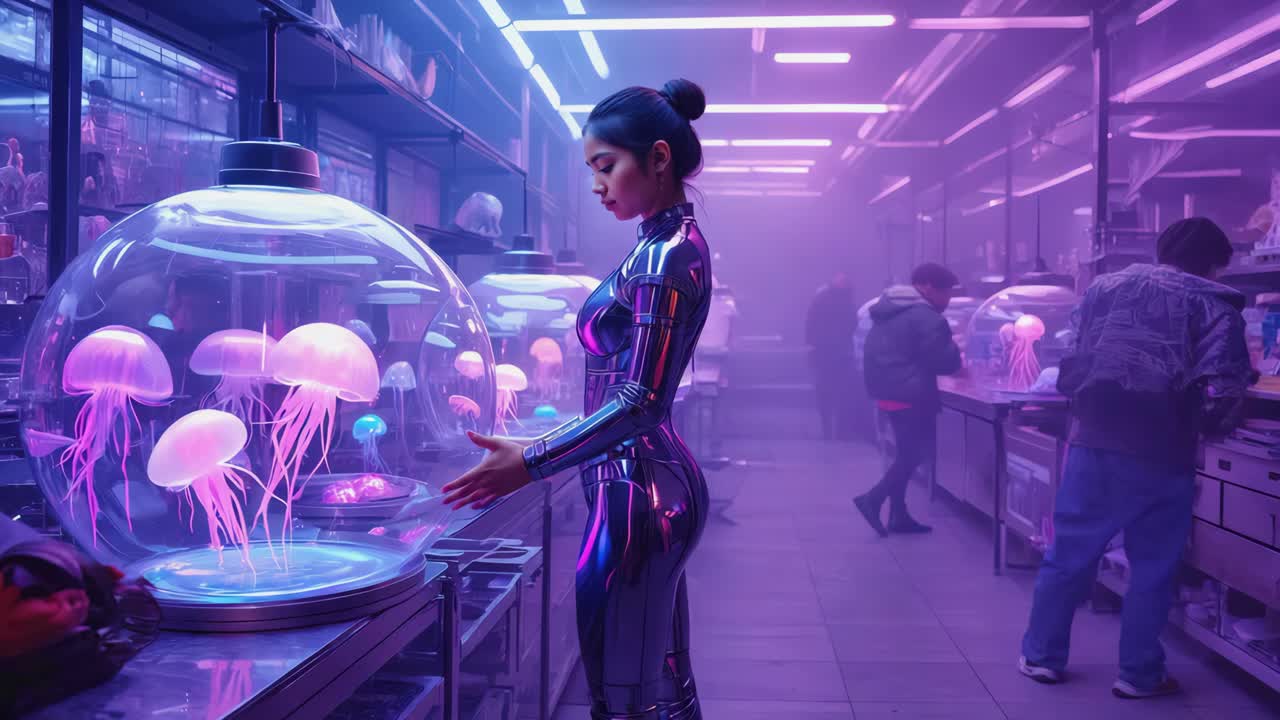Futuristic Laboratory with Jellyfish and Woman