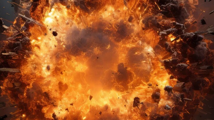 Dynamic explosion captured from a low-angle shot, showcasing fiery debris