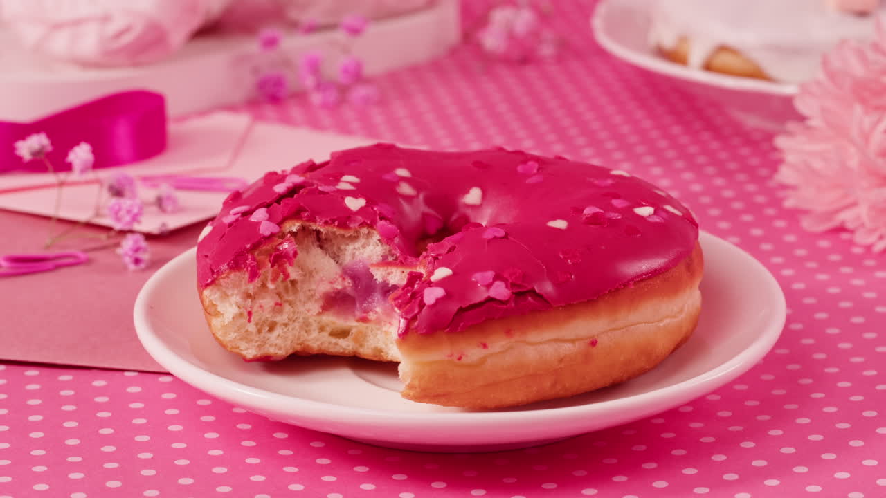 Pink Dessert Table with Donut and Empty Plate