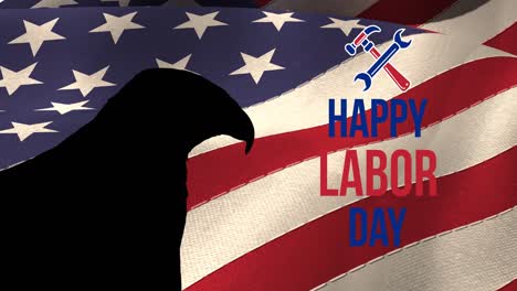 animation of happy labor day text with tools and eagle over american flag