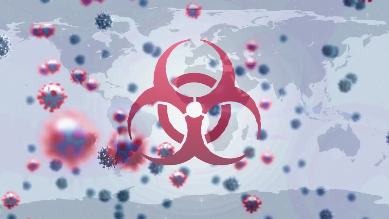 ⁇ 색 배경에 떠다니는 빨간색 바이러스 표지판과 거대한 코로나19 세포의 애니메이션