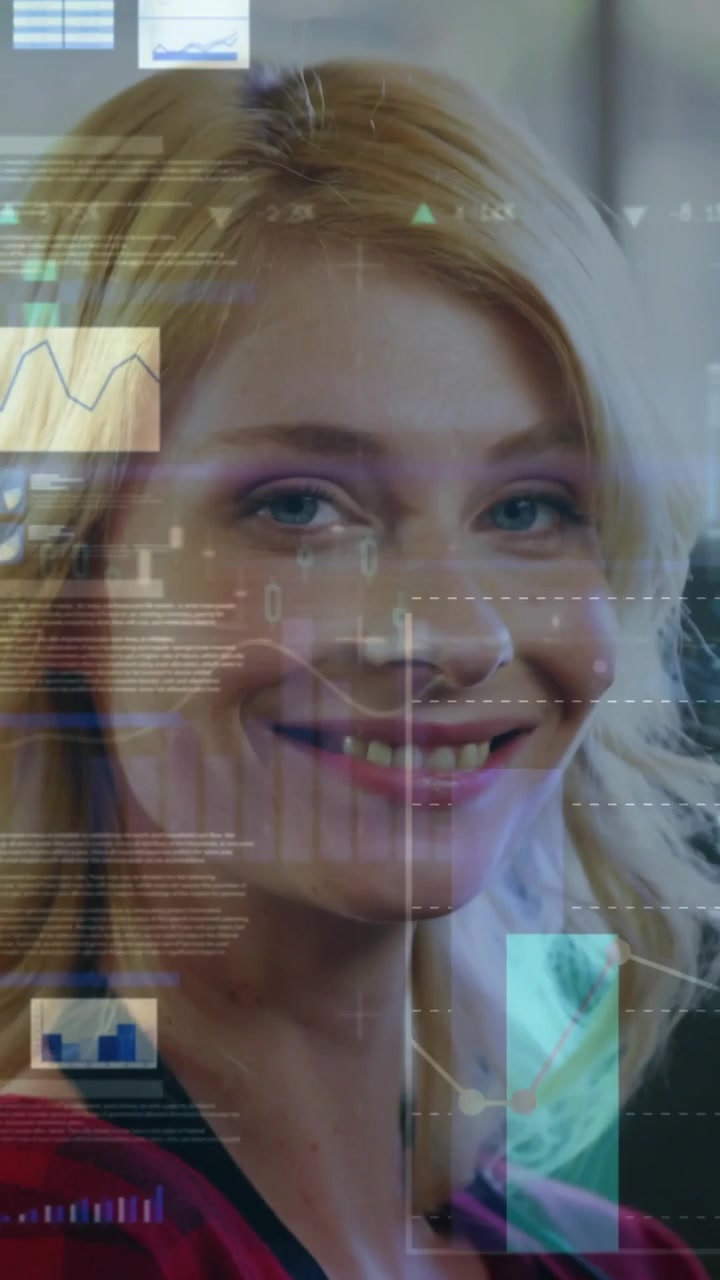 Vertical video: HUD starting, woman turning forward, opening eyes, smiling while engaging charts