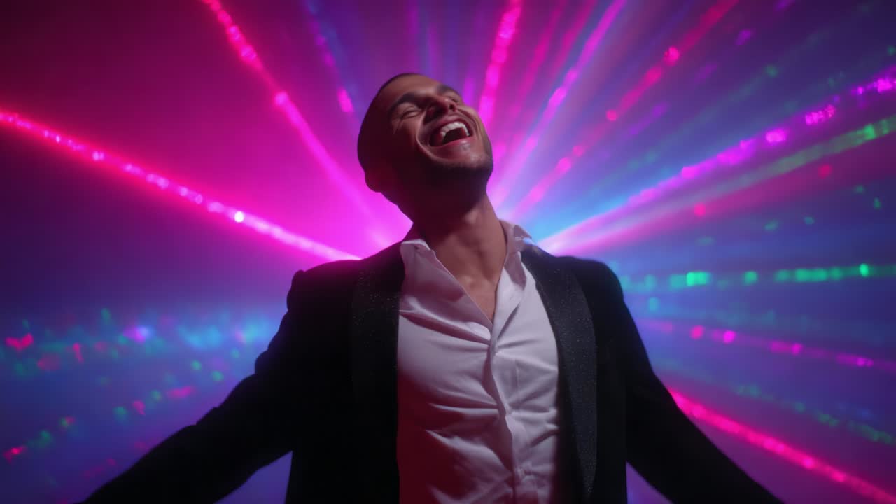 A Joyful Celebration of Light and Expression: Captured Moments of Ecstasy with Colorful Laser Beams in the Background, Showcasing Pure Happiness and Freedom in a Dynamic Atmosphere