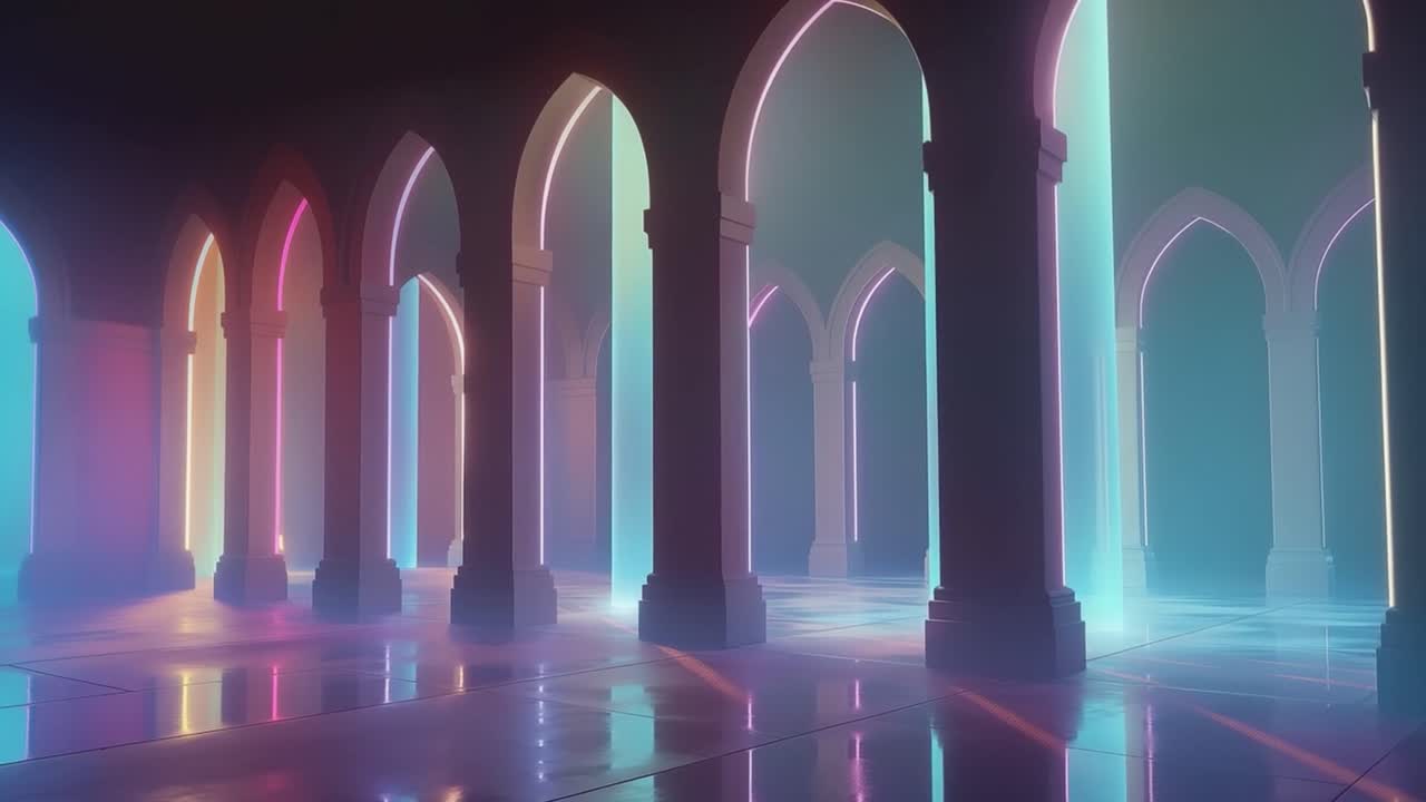 Modern architectural hallway with neon lighting