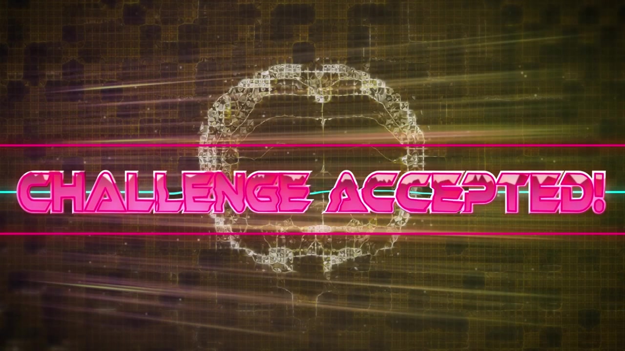 Animation of challenge accepted text banner over spinning human brain icon and light trails