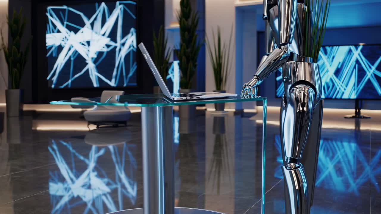 Futuristic robot in sleek design at a modern office desk. The robot interacts with a laptop