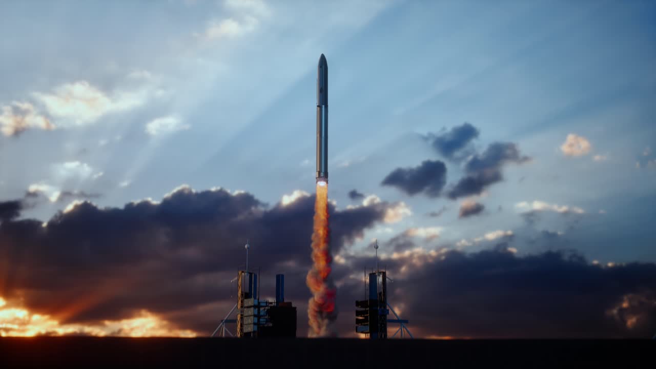 Launch Pad Complex, Successful Rocket Launching With Crew On A Space Exploration Mission. Flying Spaceship Blasts Flames And Smoke On A Take-Off. Humanity In Space, Sunset Time