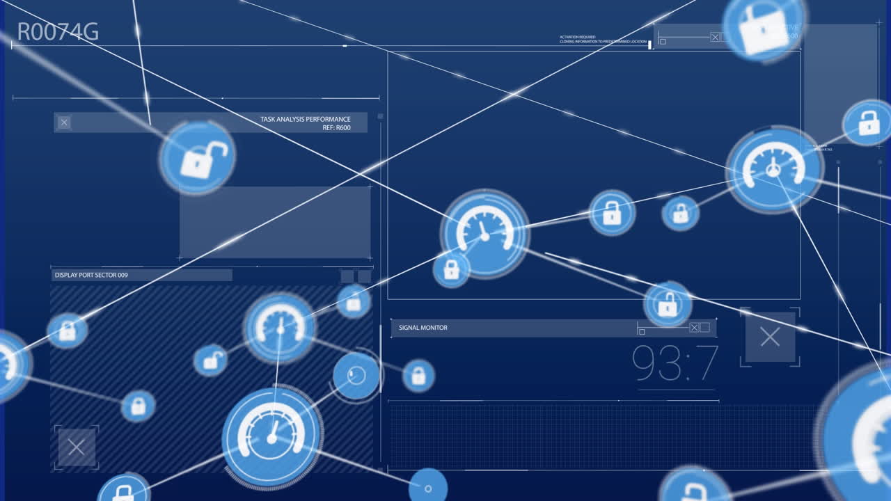 Animation of network of connections with icons over data processing on black background