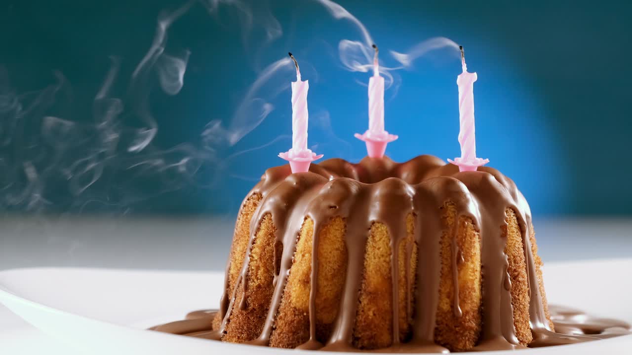 soplando velas de cumpleaños rosas en pastel de mármol con glaseado de nougat de chocolate