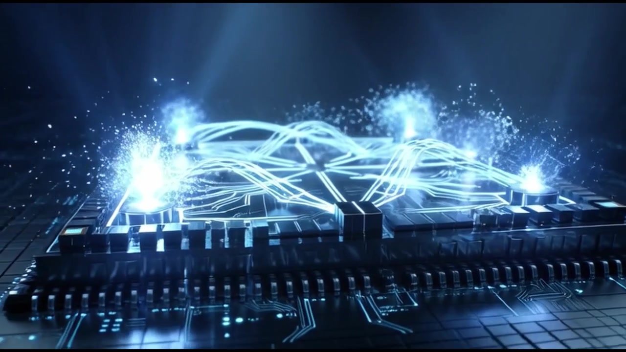 Digital Microchip Processing Data with Glowing Blue Light Effects