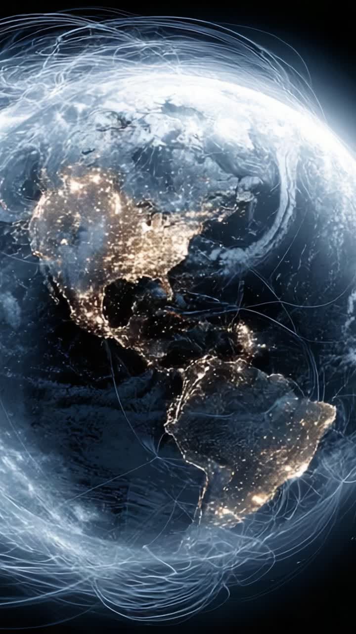 Uma representação visual deslumbrante da Terra, mostrando as luzes noturnas em todos os continentes, com linhas de energia complexas que enfatizam a conectividade e a comunicação global
