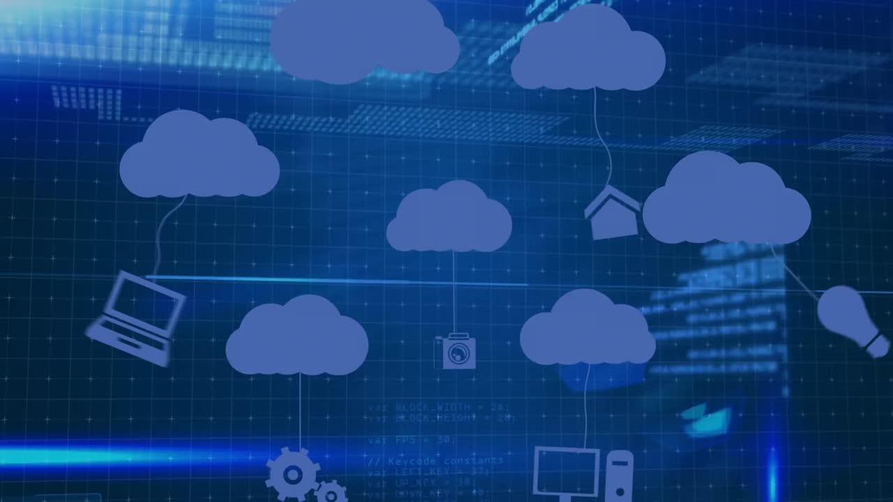 animación de iconos de nubes y procesamiento de datos sobre un fondo oscuro