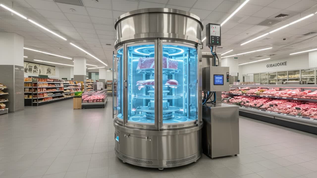 Modern Meat Display Unit Showcasing Various Cuts in a Brightly Lit Grocery Store Environment with Innovative Technology for Preservation and Appeal