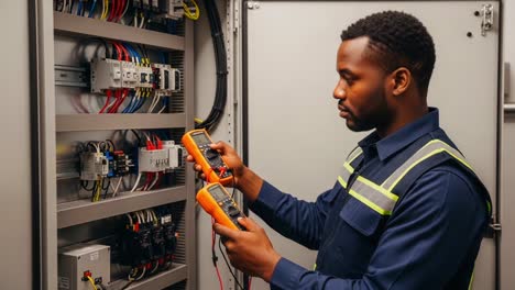 skilled technician conducts electrical testing using multimeters to ensure proper functionality of control systems in electrical panel setup