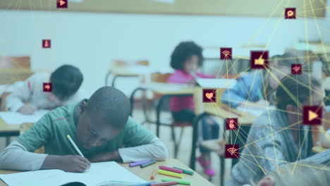 animation of globes of digital icons against diverse students studying in the class at school